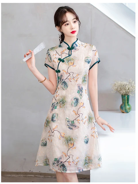 Kf Secbb35a6c9ed440bb5add8624f088e35c.jpg 640x640.jpg Moda Moderno Vestido Chino Cheongsam A-line Mujeres Manga Corta Qipao Ropa China Tradicional