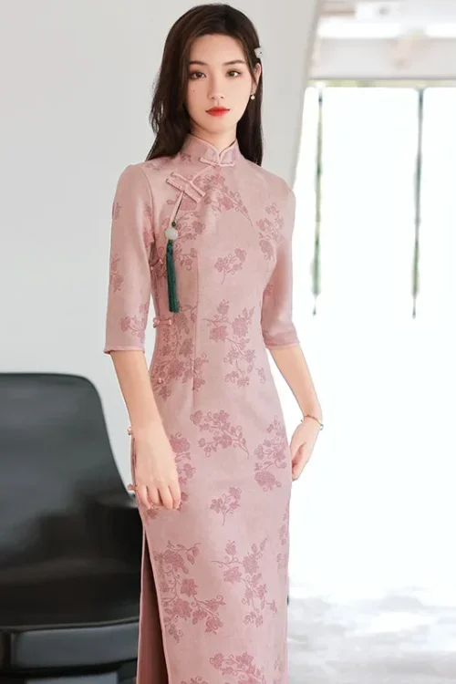 Kf Secee1003e5de42519e94807a63919bd6v 2023 Women Pink Cheongsam Dress Vintage Suede Traditional 3 4 Sleeve Dresses Floral Slim Dress Long Women Pink Cheongsam Dress Vintage Suede Traditional 3/4 Sleeve Dresses Floral Slim Dress Long Qipao S To XXL