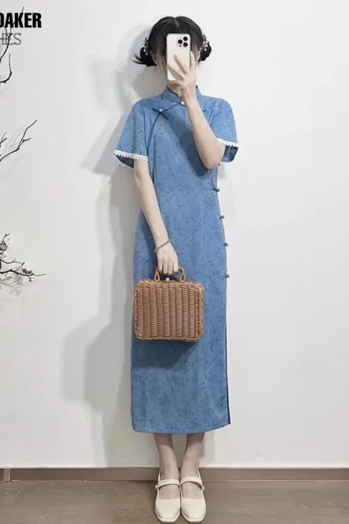 Kf Seebb9c3f693b48b2ad744bc6af5ffa99y Women Qipao Dress Retro New Chinese Style Cheongsam Improved Blue Young Girl Dress Summer 2023 Classic Women Qipao Dress Retro New Chinese Style Cheongsam Improved Blue Young Girl Dress Summer  Classic Chinese Dress Woman