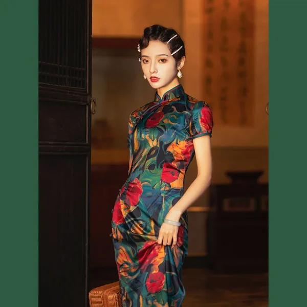 Kf Sef0e452f8ad94497979846ae239653fal Chinese Traditional Qipao Dress Women Modern 2023 Green Print Short Sleeve Long Cheongsam Sexy Elegant Split Chinese Traditional Qipao Dress Women Modern Green Print Short Sleeve Long Cheongsam Sexy Elegant Split Slim Retro Dresses