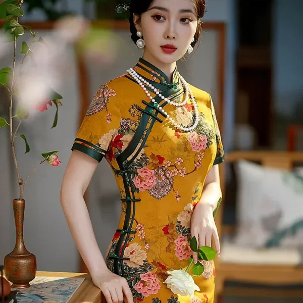 Kf Sf062a96d671649249d2ec5b9298fbf6aq 2024 Spring And Summer New Women S Yellow Stand Collar Long Fashion Retro Floral Chinese Fit Spring and Summer New Women's Yellow Stand Collar Long Fashion Retro Floral Chinese Fit Cheongsam Gold Dress Chinese Qipao