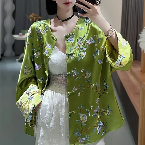 Kf Sf066f2b3a03b41829e142db9773eb2d3w Fashionable Chinese High End Satin Jacket Top For Women Elegant Embroidery Flower And Bird Painting Loose Fashionable Chinese High-end Satin Jacket Top for Women, Elegant Embroidery, Flower and Bird Painting, Loose Tang Jacket Women