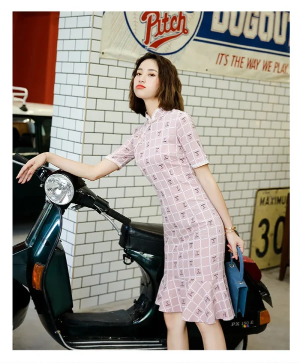 Kf Sf2dc58bf72bf441baa231e3f9db94727o 2023 Women Pink Blue Vintage Checkered Dress Plus Size Cheongsam Fishtail Dresses Slim Qipao S To Women Pink Blue Vintage Checkered Dress Plus Size Cheongsam Fishtail Dresses Slim Qipao S To 3XL Novelty Costume