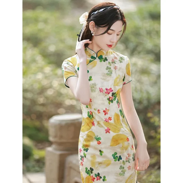 Kf Sf5ea382ef0de45d1950c9fc50f1241a43 Yellow Chinese Style Cheongsam Yellow Women Handmade Button Traditional Vintage Dress Short Sleeve Floral Qipao S Yellow Chinese Style Cheongsam Yellow Women Handmade Button Traditional Vintage Dress Short Sleeve Floral Qipao S To XXL