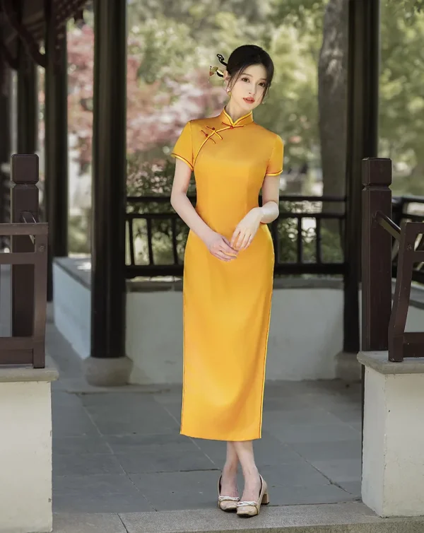 Kf Sf75b2c4baea040eea0fe1887c0e6196eo 2024 Summer New Women Vintage Cheongsam Yellow Long Dresses Female Short Sleeve Silk Slim Dress High Summer New Women Vintage Cheongsam Yellow Long Dresses Female Short Sleeve Silk Slim Dress High Quality Elegant Qipao