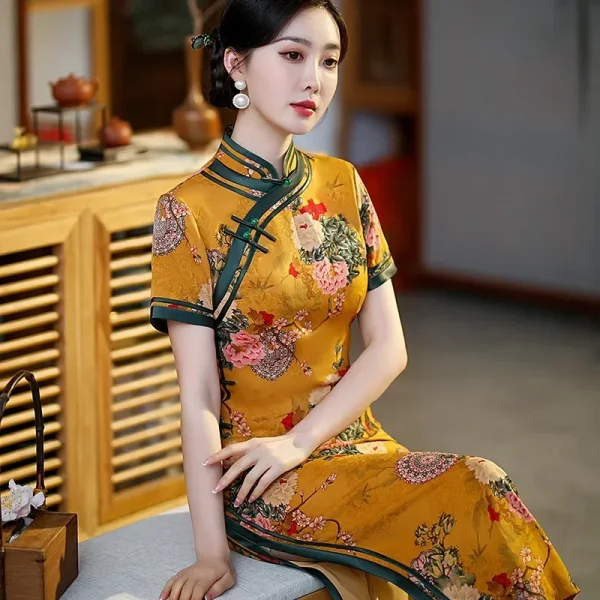 Kf Sf9415c62bfd14bc0920a0329b8594517r 2024 Spring And Summer New Women S Yellow Stand Collar Long Fashion Retro Floral Chinese Fit Spring and Summer New Women's Yellow Stand Collar Long Fashion Retro Floral Chinese Fit Cheongsam Gold Dress Chinese Qipao