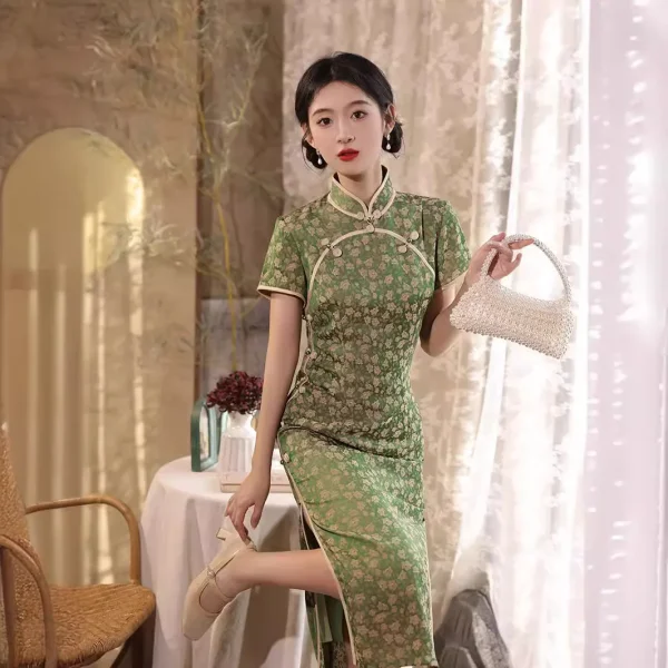 Kf Sfaae4f79c51741a28b29ae4fac7e0c01x 2024 Spring Summer New Improved Qipao Daily Green Slim Fit Mid Length Style New Chinese Vintage Spring/Summer New Improved Qipao Daily Green Slim Fit Mid length Style New Chinese Vintage Women's Cheongsam Dress