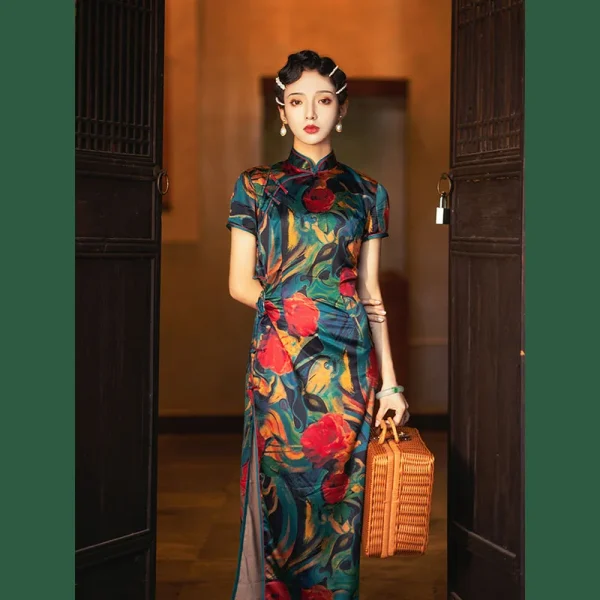 Kf Sfac522627c904d5e9eabbfa04df6bbce1 Chinese Traditional Qipao Dress Women Modern 2023 Green Print Short Sleeve Long Cheongsam Sexy Elegant Split Chinese Traditional Qipao Dress Women Modern Green Print Short Sleeve Long Cheongsam Sexy Elegant Split Slim Retro Dresses