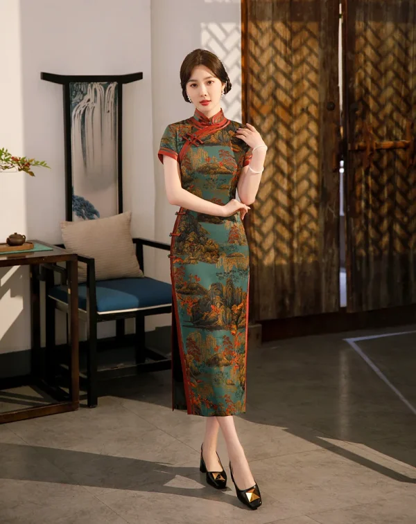 Kf Sfb6e333faf16445d958fcf060f37c869v 2023 Spring And Summer Chinese Cheongsam Flower Radish Long Section Side Eight Buttons Stand Collar Retro Spring and Summer Chinese Cheongsam Flower Radish Long Section Side Eight Buttons Stand Collar Retro Women Qiapo Dress