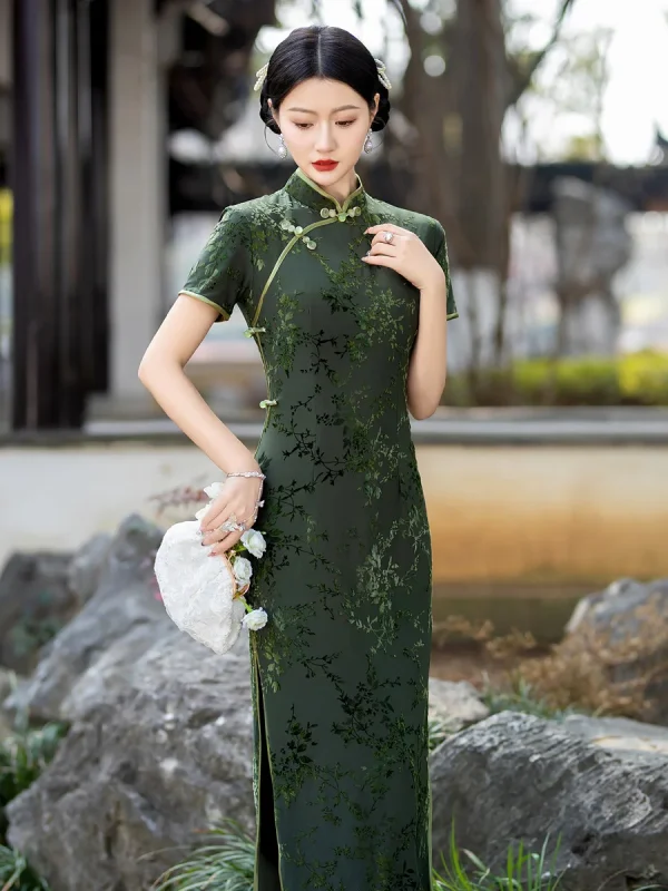 Kf Sfbebdbed65d74c80ac3ee38df9094686k 2024 Spring Summer Green Qipao New Retro Chinese Style Improved Qipao Slim Fit Comfortable Flocking Qipao Spring/Summer Green Qipao New Retro Chinese Style Improved Qipao Slim Fit Comfortable Flocking Qipao Skirt