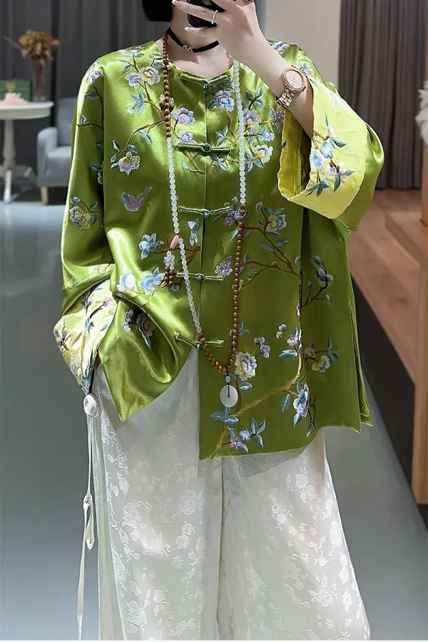 Kf Sfd536fd6fefe420691cf3ebb120ecf97p Fashionable Chinese High End Satin Jacket Top For Women Elegant Embroidery Flower And Bird Painting Loose Fashionable Chinese High-end Satin Jacket Top for Women, Elegant Embroidery, Flower and Bird Painting, Loose Tang Jacket Women