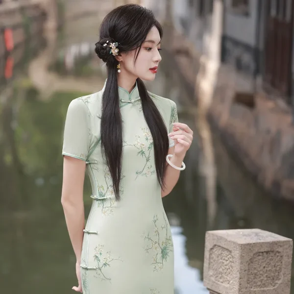 Kf Sfe5f1d47fad1464488902c24075427cb1 Elegant Women Summer New Qipao Chinese Traditional Mandarin Collar Cheongsam Classic Vintage Button Slim Long Dress Elegant Women Summer New Qipao Chinese Traditional Mandarin Collar Cheongsam Classic Vintage Button Slim Long Dress Big Size