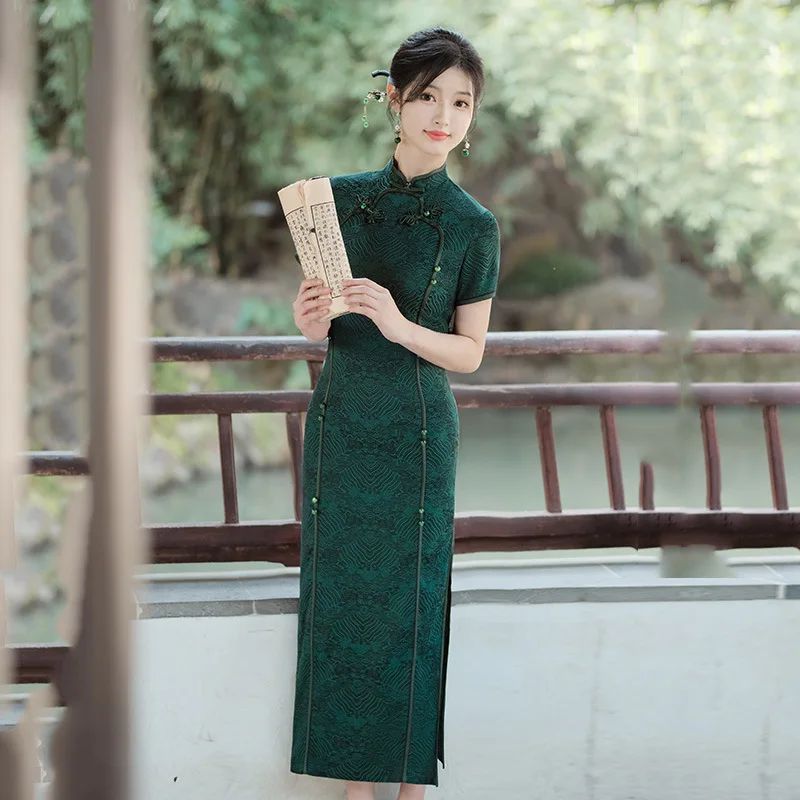 Kf S9cf78559874741b0820beec113cba91fw Green Women Vintage Dress Cheongsam Handmade Button Floral Dresses Chinese Style Summer Autumn Long Qipao M Is it OK for Non-Chinese to Wear Qipao?